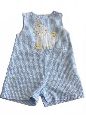 New Petit Ami Baby Boys Blue Seersucker Lamb Embroidered Chicks Romper 18 Months